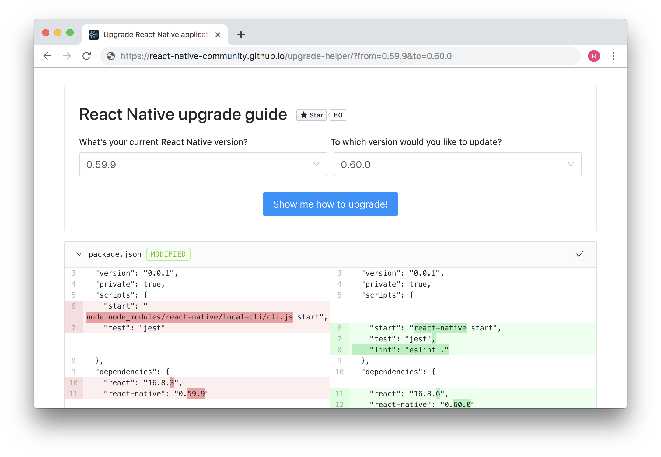 Upgrade Helper muestra de manera clara y sencilla los cambios necesarios para migrar a una versión diferente de React Native