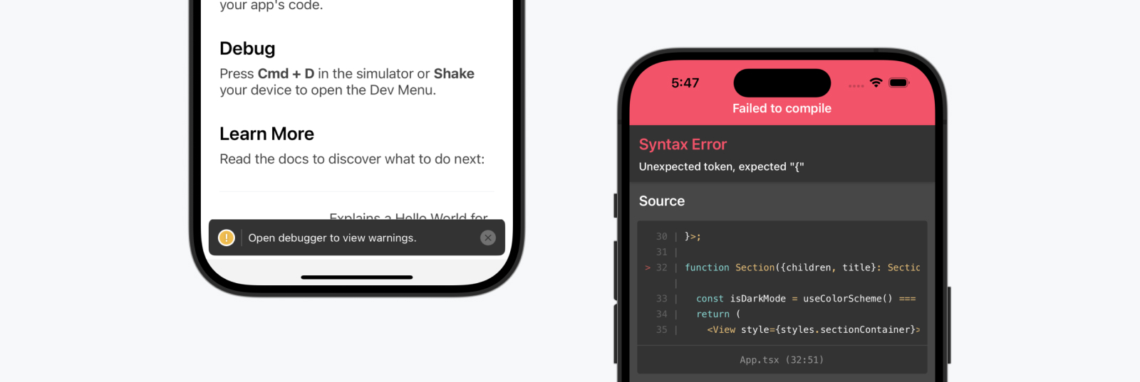 Una advertencia de LogBox y un error de sintaxis expandido en LogBox