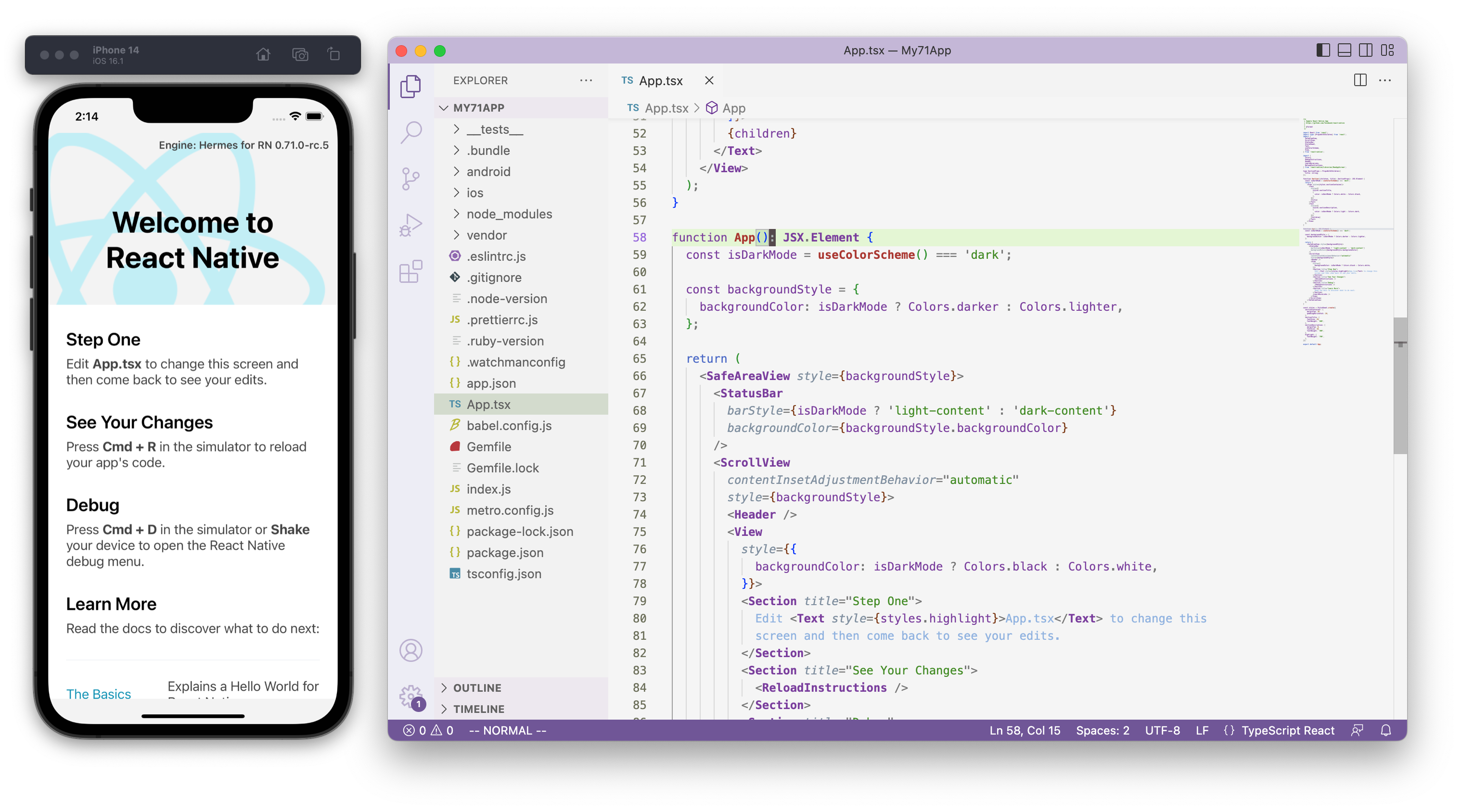 Captura de pantalla de un simulador de iPhone ejecutando una nueva aplicación generada por React Native CLI. Junto al simulador se muestra Visual Studio Code abierto en "App.tsx" para ilustrar que ejecuta un archivo TypeScript.