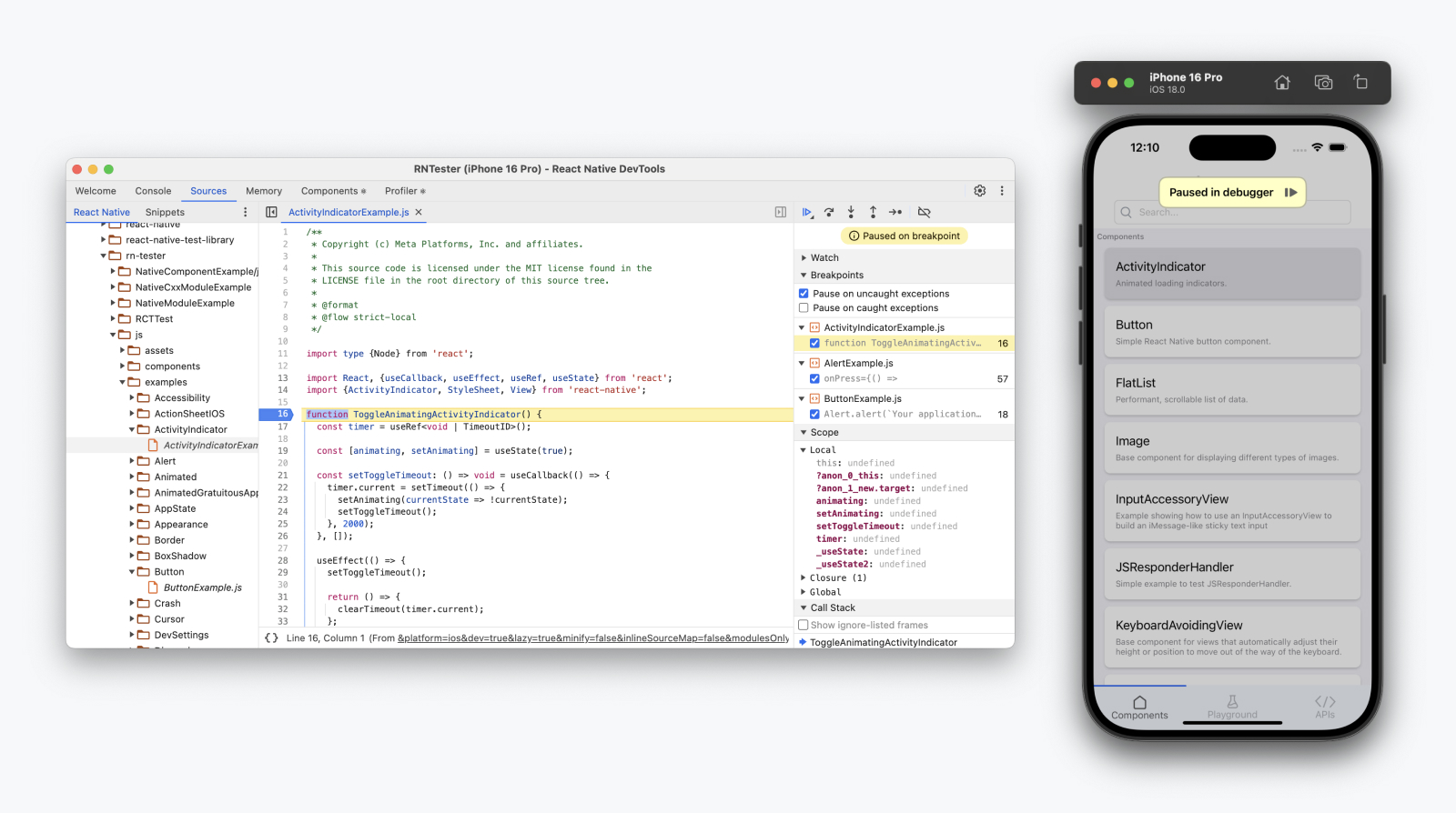 Wstrzymany punkt przerwania w widoku Sources React Native DevTools, obok urządzenia