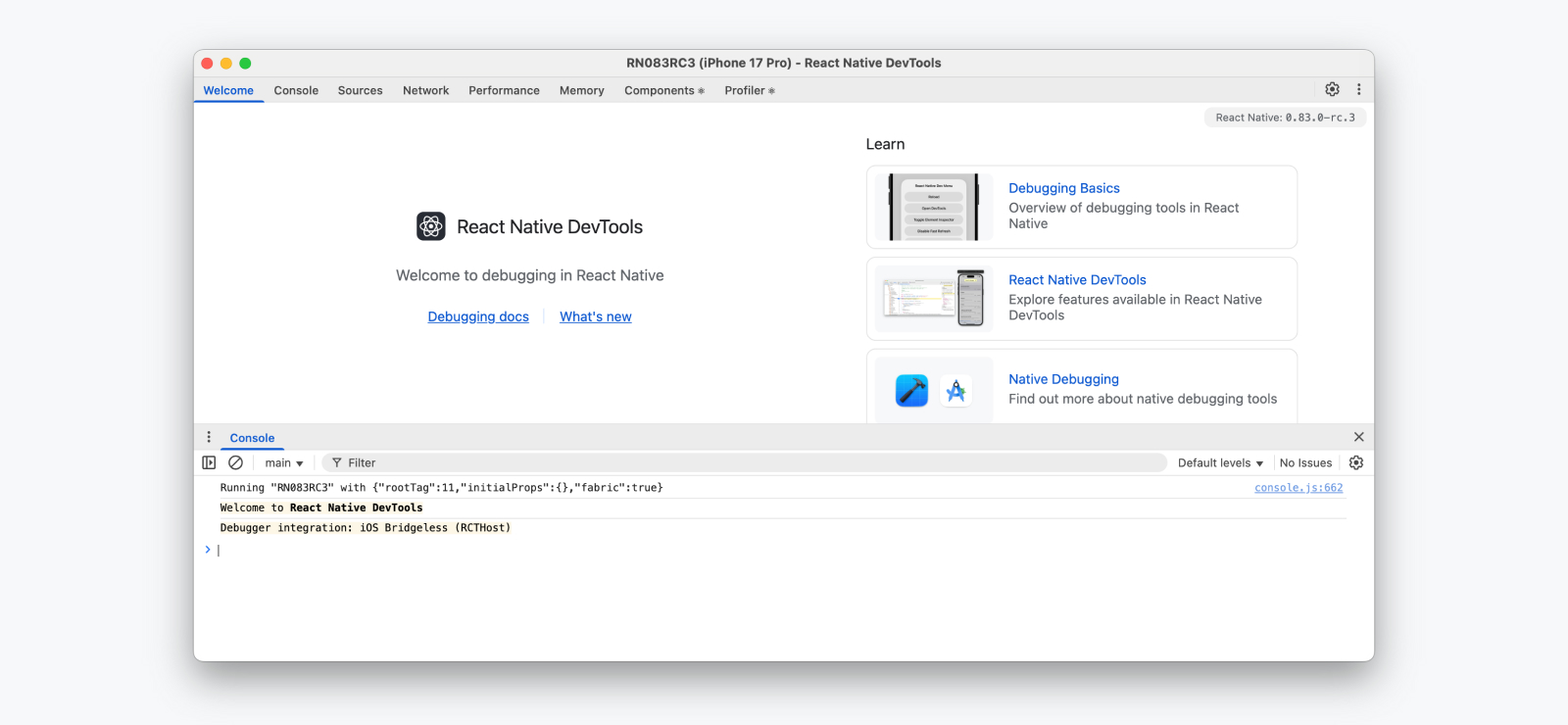 React Native DevTools z otwartym panelem powitalnym
