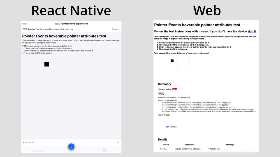 GIF 展示了左右对比：左侧是 React Native (iOS) 运行的"指针事件可悬停指针属性测试"，右侧是 Web 端原始实现